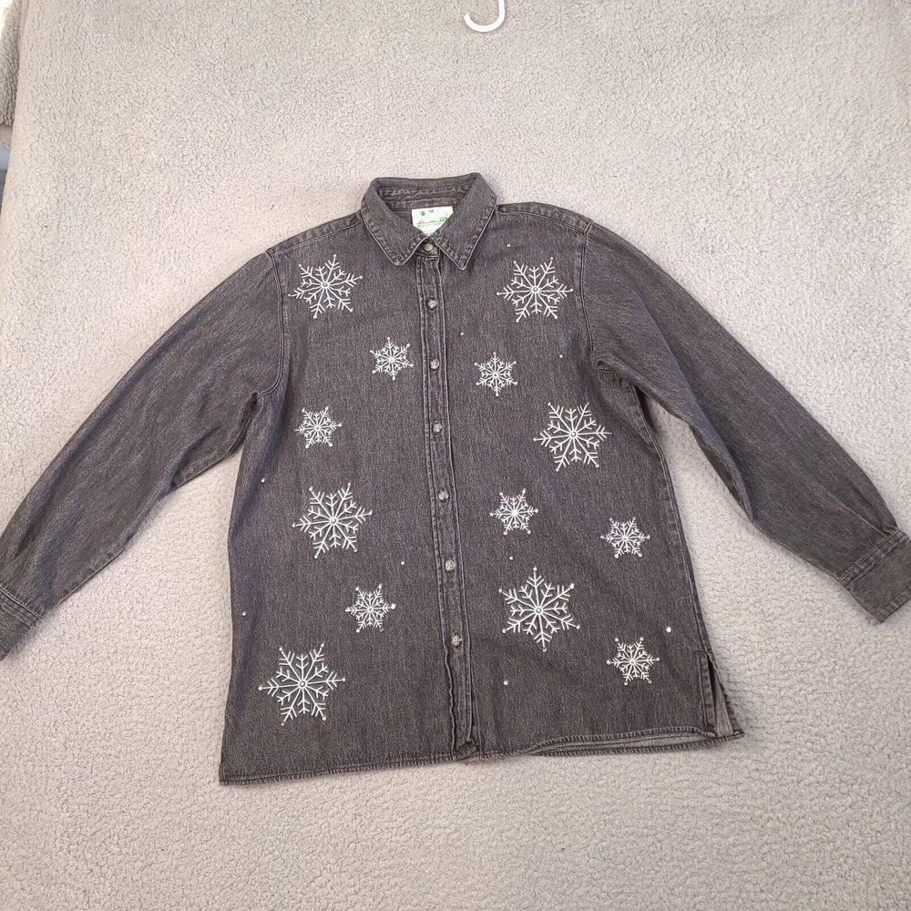 Vintage Quacker Factory Denim Shirt Womens Medium Black Snow Flakes‎ Bling